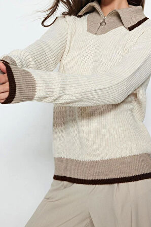 Stil Modern Kadın Regular Standart Kol Dik Yaka Renk Bloklu Fermuarlı Triko Kazak