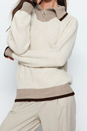 Stil Modern Kadın Regular Standart Kol Dik Yaka Renk Bloklu Fermuarlı Triko Kazak