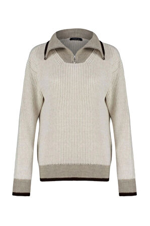 Stil Modern Kadın Regular Standart Kol Dik Yaka Renk Bloklu Fermuarlı Triko Kazak