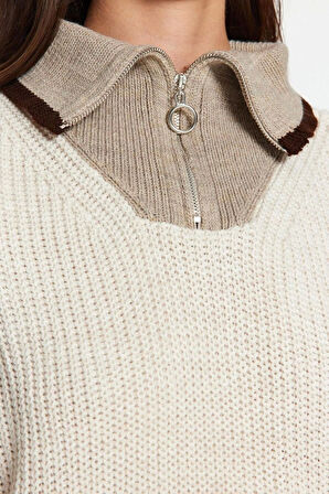 Stil Modern Kadın Regular Standart Kol Dik Yaka Renk Bloklu Fermuarlı Triko Kazak