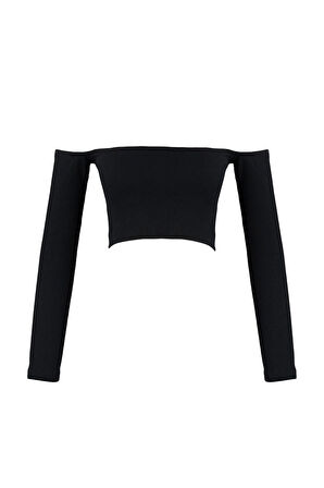 Moda Carmen Yaka Örme Slim Düz Desen Casual Günlük Super Crop Uzun Kol Bluz