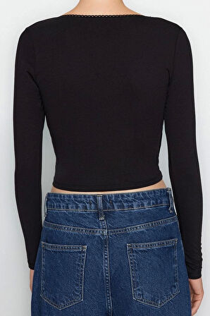 Moda Kruvaze Örme Slim Düz Desen Casual Günlük Crop Uzun Kol Bluz