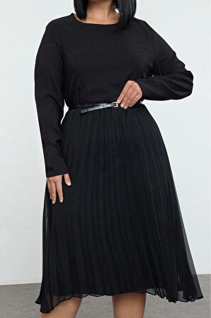 Moda Stil Relaxed Bisiklet Yaka Midi Boy Büyük Beden Eteği Astarlı Şifon Piliseli Dokuma Elbise