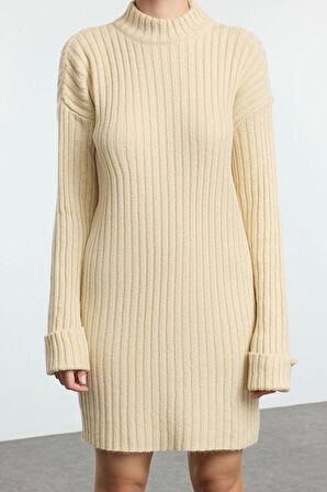 Moda Stil Slim Dik Yaka Mini Boy Triko Yumuşak Dokulu Tozluklu Elbise