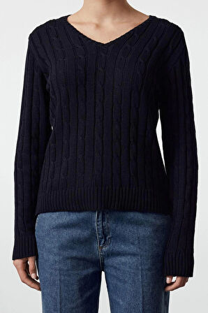 Stil Modern Kadın Regular Standart Kol V Yaka Basic Pamuklu Triko Kazak