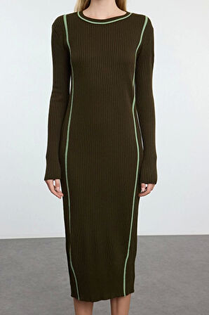 Moda Stil Slim Bisiklet Yaka Midi Boy Triko Renk Bloklu Elbise