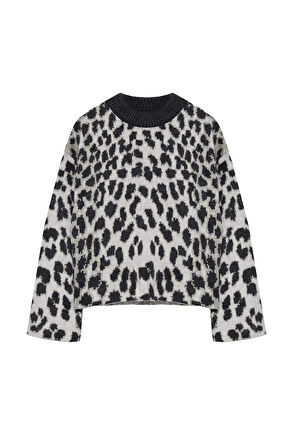 Stil Modern Kadın Regular Standart Kol Bisiklet Yaka Yumuşak Dokulu Leopar Desenli Triko Kazak