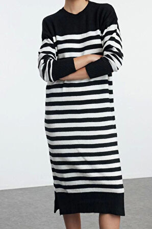 Moda Stil Regular Bisiklet Yaka Midi Boy Çizgili Triko Yumuşak Dokulu Elbise
