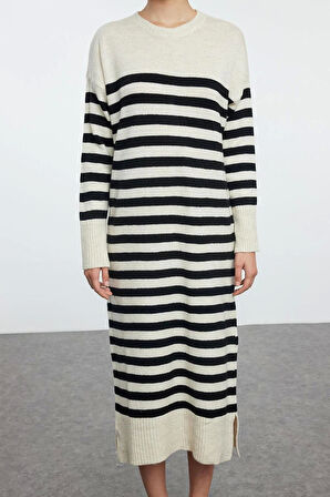 Moda Stil Regular Bisiklet Yaka Midi Boy Çizgili Triko Yumuşak Dokulu Elbise