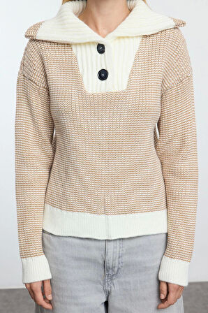 Stil Modern Kadın Regular Standart Kol Devrik Yaka Yaka Detaylı Triko Kazak