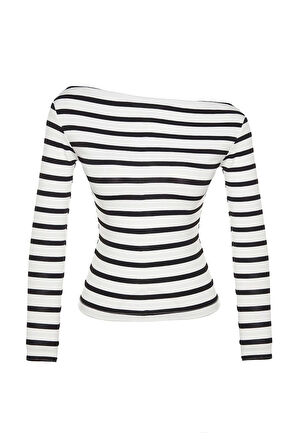 Moda Kayık Yaka Örme Slim Çizgili Desen Casual Günlük Regular Uzun Kol Bluz