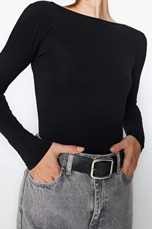 Moda Kayık Yaka Örme Slim Düz Desen Casual Günlük Regular Uzun Kol Bluz