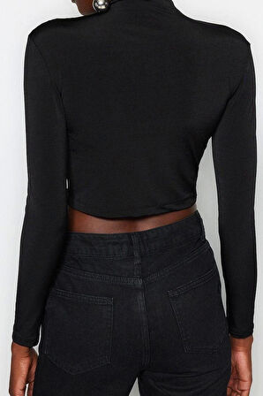 Moda Dik Yaka Örme Slim Düz Desen Şık gece Crop Uzun Kol Bluz