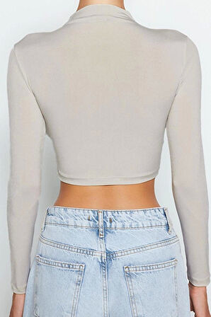 Moda Dik Yaka Örme Slim Düz Desen Şık gece Crop Uzun Kol Bluz