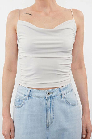 Moda Degaje Yaka Örme Slim Düz Desen Casual Günlük Regular Askılı Kol Bluz