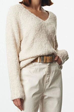 Stil Modern Kadın Regular Standart Kol V Yaka Geniş Kalıp Derin Triko Kazak