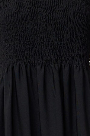 Moda Stil Regular Kare Yaka Maxi Boy Düz A Kesim Gipeli Dokuma Elbise