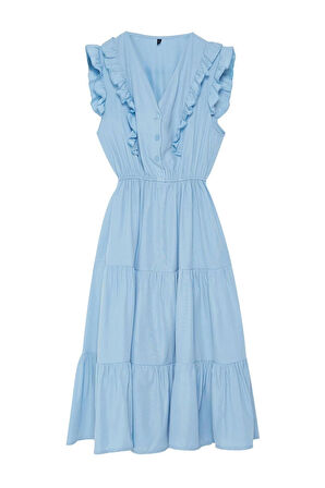 Moda Skater Casual Günlük Terrycotton Dokuma V Yaka Kolsuz Kol Skater Midi Boy Elbise