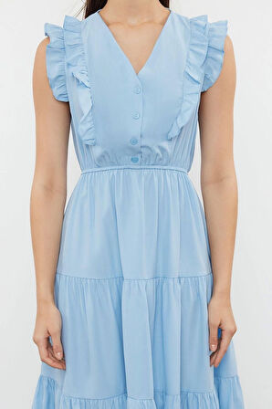 Moda Skater Casual Günlük Terrycotton Dokuma V Yaka Kolsuz Kol Skater Midi Boy Elbise