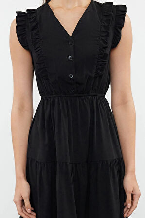 Moda Skater Casual Günlük Terrycotton Dokuma V Yaka Kolsuz Kol Skater Midi Boy Elbise