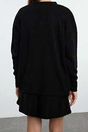 Tarz Kadın Modern Moda Normal Bel Boru Paça Ceket Yaka Etek-Bluz-Hırka Üçlü Triko Alt-Üst Takım