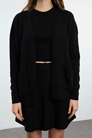 Tarz Kadın Modern Moda Normal Bel Boru Paça Ceket Yaka Etek-Bluz-Hırka Üçlü Triko Alt-Üst Takım