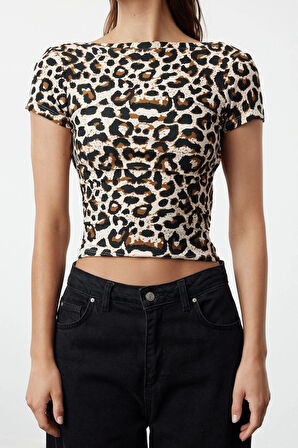 Moda Kayık Yaka Örme Regular Animal Desen Casual Günlük Crop Kısa Kol Bluz
