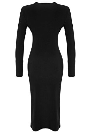 Moda Stil Slim V Yaka Midi Boy Drapeli Fitted Vücuda Oturan Esnek Örme Kalem Elbise