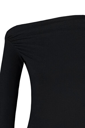 Moda Kayık Yaka Örme Slim Düz Desen Casual Günlük Uzun Uzun Kol Bluz