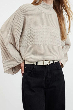 Stil Modern Kadın Regular Standart Kol Dik Yaka Crop Basic Saç Örgü Triko Kazak