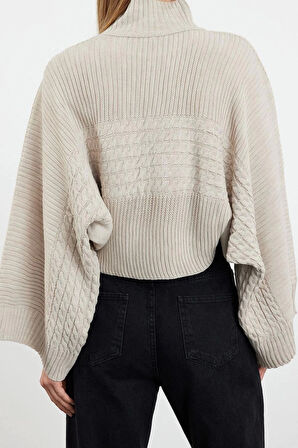 Stil Modern Kadın Regular Standart Kol Dik Yaka Crop Basic Saç Örgü Triko Kazak