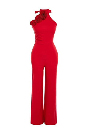 Kadın Moda Standart Kol Geniş Paça Halter Yaka Düz Desen Uzun Gül Detaylı Dokuma Tulum