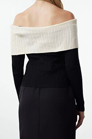 Stil Modern Kadın Regular Standart Kol Carmen Yaka Ekru001 Renk Bloklu Triko Kazak