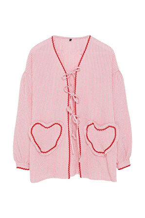 Moda Kadın Tesettür Bisiklet Yaka Ekose Günlük Kalp Cep Detaylı Gofre Dokuma Gömlek