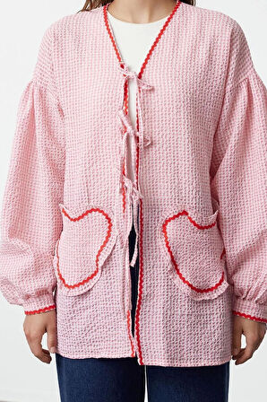 Moda Kadın Tesettür Bisiklet Yaka Ekose Günlük Kalp Cep Detaylı Gofre Dokuma Gömlek