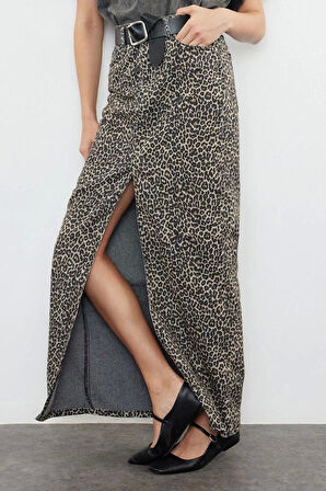 Moda Regular Animal Desen Günlük Midi Boy Leopar Desenli Maxi Denim Etek