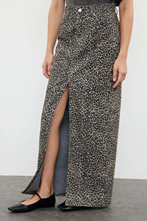 Moda Regular Animal Desen Günlük Midi Boy Leopar Desenli Maxi Denim Etek