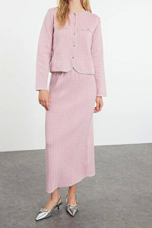 Tarz Kadın Modern Moda Normal Bel Boru Paça Bisiklet Yaka Ekoseli Triko Alt-Üst Takım