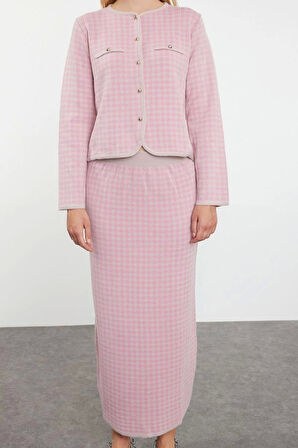 Tarz Kadın Modern Moda Normal Bel Boru Paça Bisiklet Yaka Ekoseli Triko Alt-Üst Takım