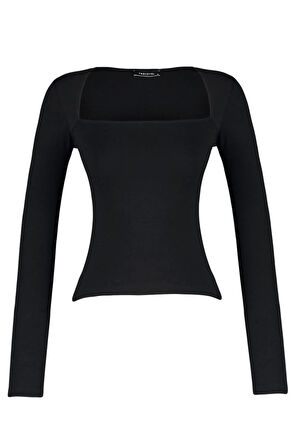 Stil Kadın Pamuklu Esnek Fitted Vücuda Oturan Esnek Bluz Crop Örme Slim Kalıp