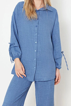 Moda Dokuma Düz Düşük Kol Casual Günlük Pudra Keten Görünümlü Dokuma Alt-Üst Takım