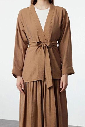 Tarz Kadın Modern Moda Normal Bel Boru Paça V Yaka Kuşaklı Kimono-Piliseli Etek Dokuma Alt-Üst Takım