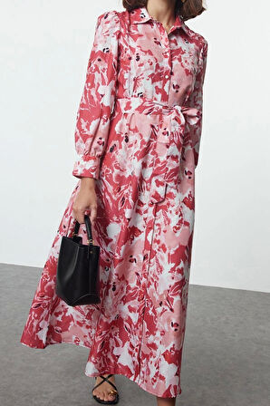 Moda Stil Regular Gömlek Yaka Maxi Boy Tesettür Kuşaklı Çiçekli Dokuma Elbise