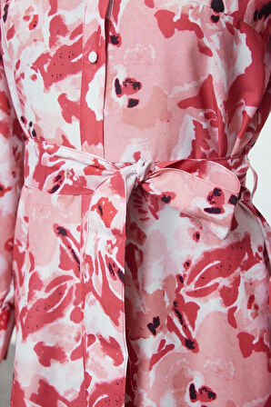 Moda Stil Regular Gömlek Yaka Maxi Boy Tesettür Kuşaklı Çiçekli Dokuma Elbise