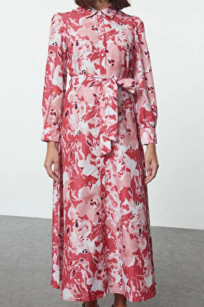 Moda Stil Regular Gömlek Yaka Maxi Boy Tesettür Kuşaklı Çiçekli Dokuma Elbise