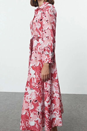 Moda Stil Regular Gömlek Yaka Maxi Boy Tesettür Kuşaklı Çiçekli Dokuma Elbise