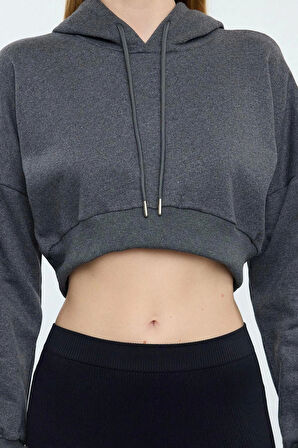 Tarz Regular Kapüşonlu Düşük Kol Crop Pamuklu Crop İçi Polarlı Örme Spor Sweatshirt