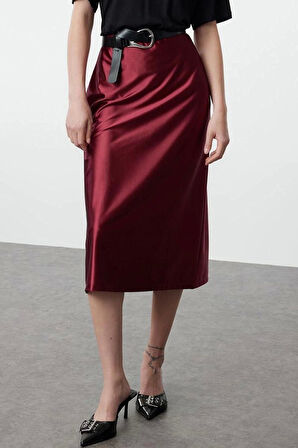 Moda A-line Düz Desen Günlük Midi Boy Premium Saten A Kesim Çan Form Midi Örme Etek