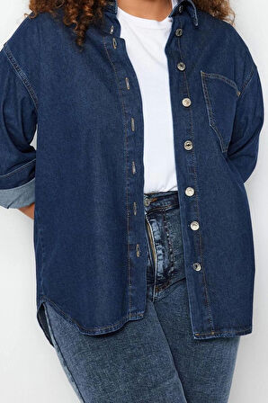 Moda Kadın Büyük Beden Gömlek Yaka Düz Desen Günlük Oversize Denim Gömlek