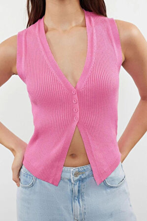 Moda V Yaka Triko Slim Düz Desen Casual Günlük Crop Kolsuz Bluz